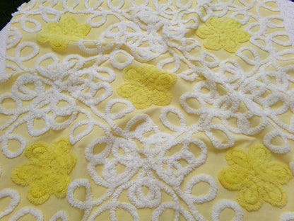 Sunny Yellow Daisy Vintage Chenille Fabric, White Swirl Sewing Quilt Material, 20" x 24"