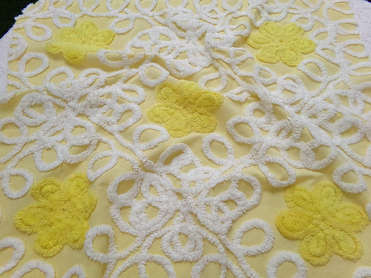 Sunny Yellow Daisy Vintage Chenille Fabric, White Swirl Sewing Quilt Material, 20" x 24"