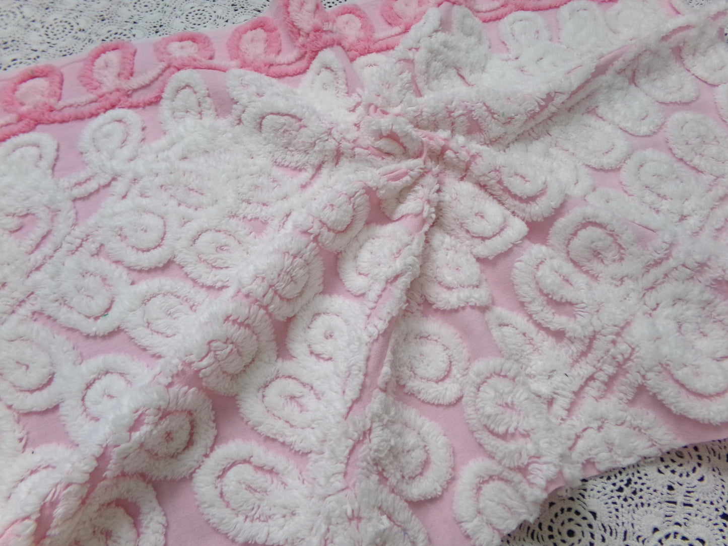 Cute Curlicues Vintage Chenille Fabric, Pink & White 16" x 23" piece