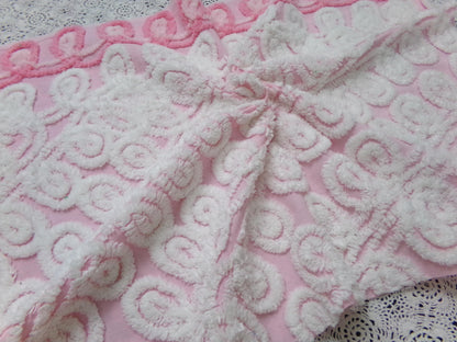 Cute Curlicues Vintage Chenille Fabric, Pink & White 16" x 23" piece