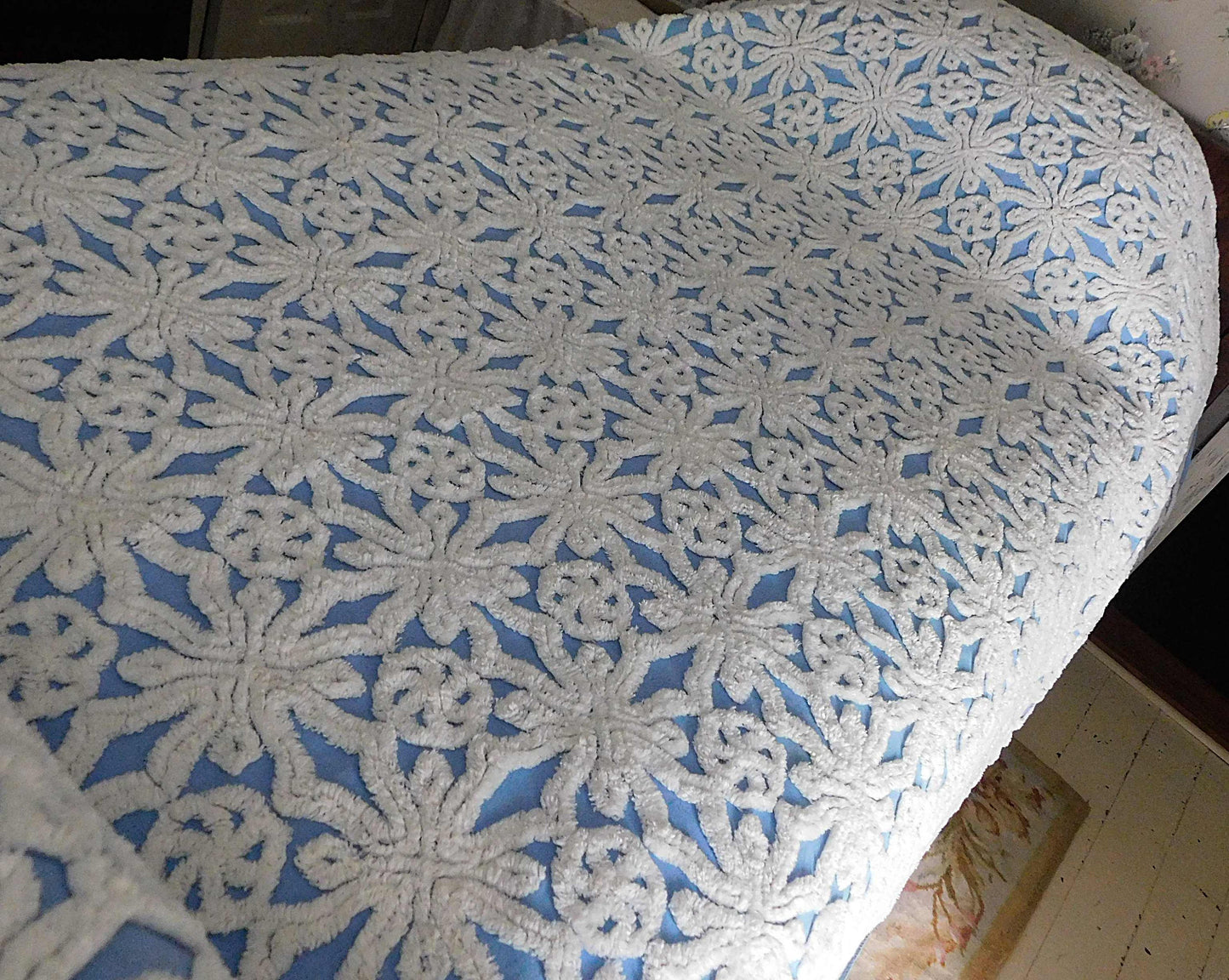 blue vintage chenille bedspread: icicle crystal white tufting, coastal cottage style full size cotton bedding