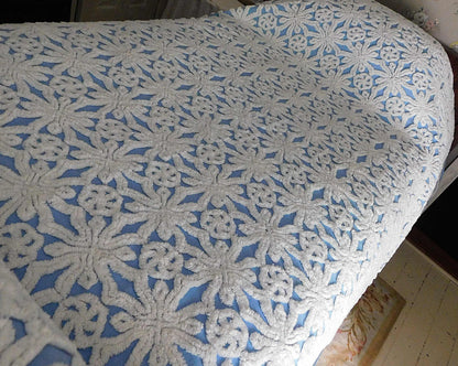 blue vintage chenille bedspread: icicle crystal white tufting, coastal cottage style full size cotton bedding