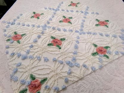 Pink Roses in Winter Vintage Chenille Bedspread Fabric, Romantic 22" x 20" Piece Sewing Material