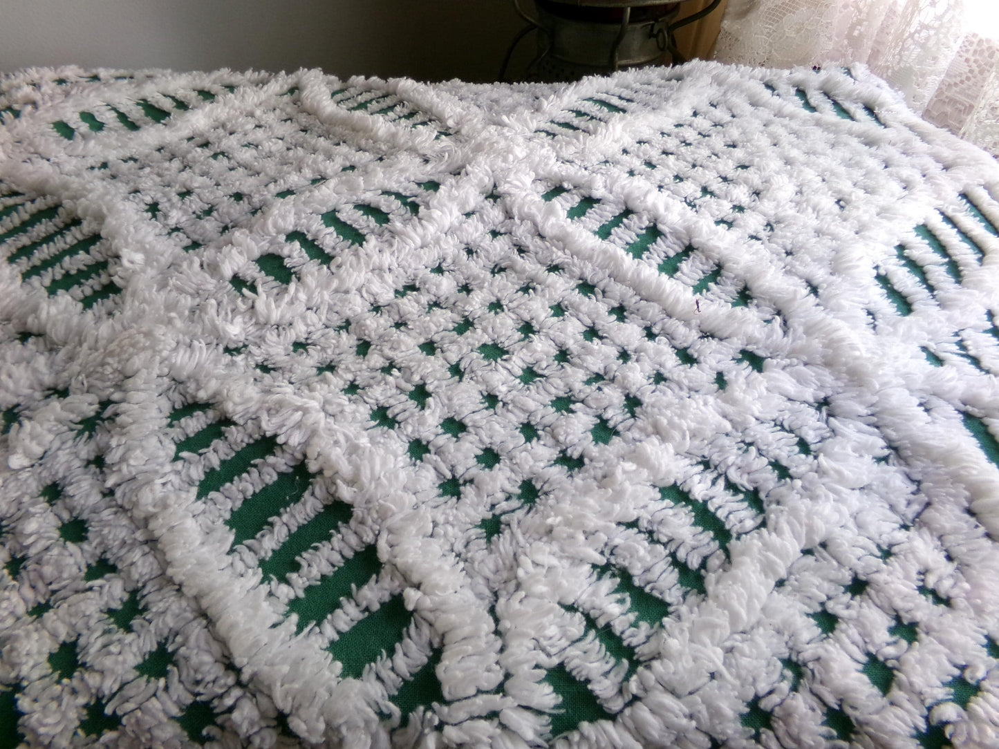 green & white vintage chenille bedspread fabric, 18" x 26" geometric design