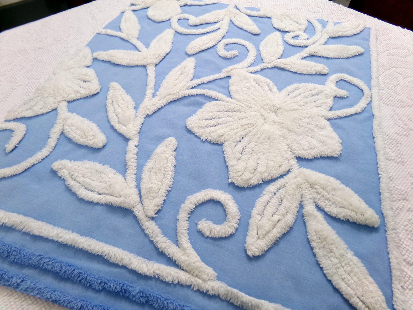 Vintage Chenille Fabric Piece, White Botanical Floral on Sky Blue, 21" x 24" Sewing Material