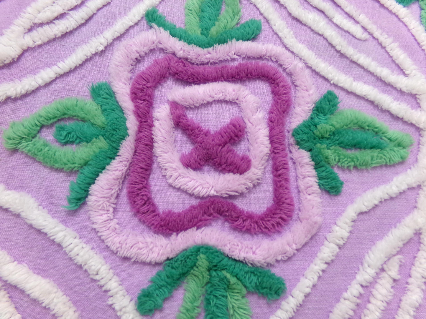 Vintage Chenille Bedspread Fabric Lilac Cabbage Roses 17.5 x 34" Cottage Quilt Sewing Material