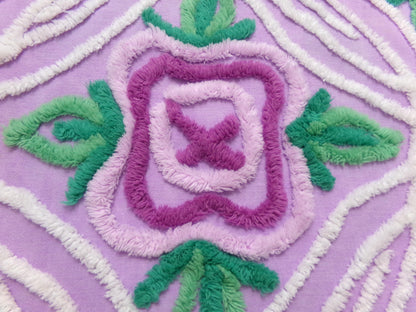 Vintage Chenille Bedspread Fabric Lilac Cabbage Roses 17.5 x 34" Cottage Quilt Sewing Material