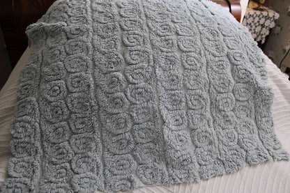 Plush Swirl Tuft Vintage Chenille Bedspread Quilt Fabric, 21" x 25" inch Piece; Stardust Blue Curlicues