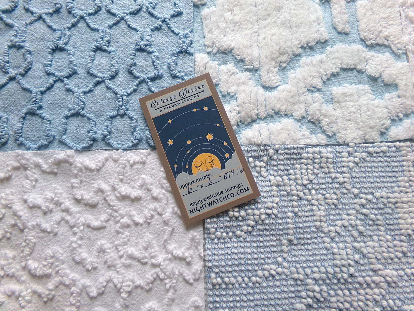 seaside wanderings chenille fabric squares, 16 vintage 6" quilt blocks in coastal blue & white, for sewing, crafts, fiber arts