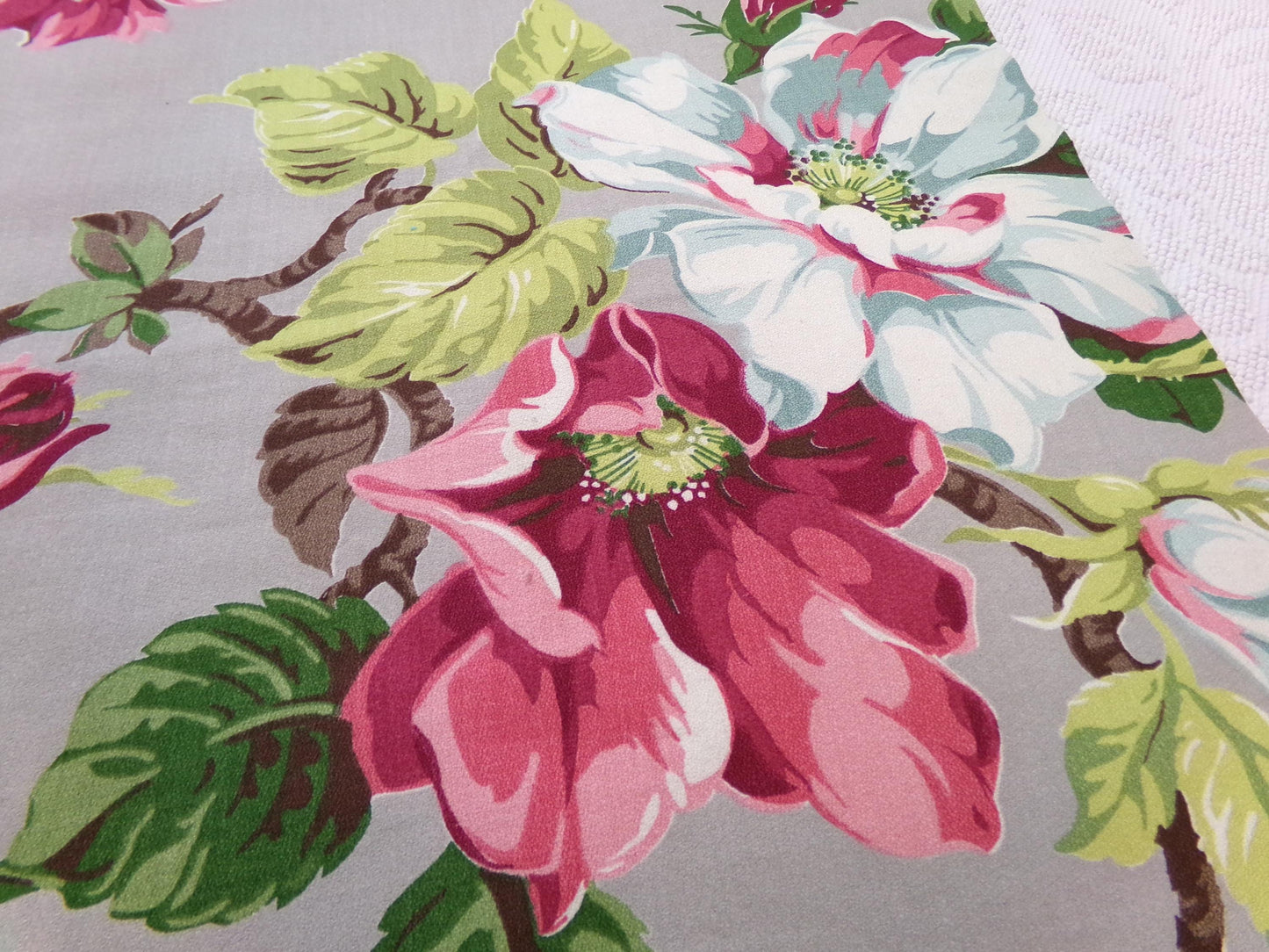 Vintage Barkcloth Fabric 1940s Pink Aqua Magnolia Floral Gray Mid-Century, 22" x 34"
