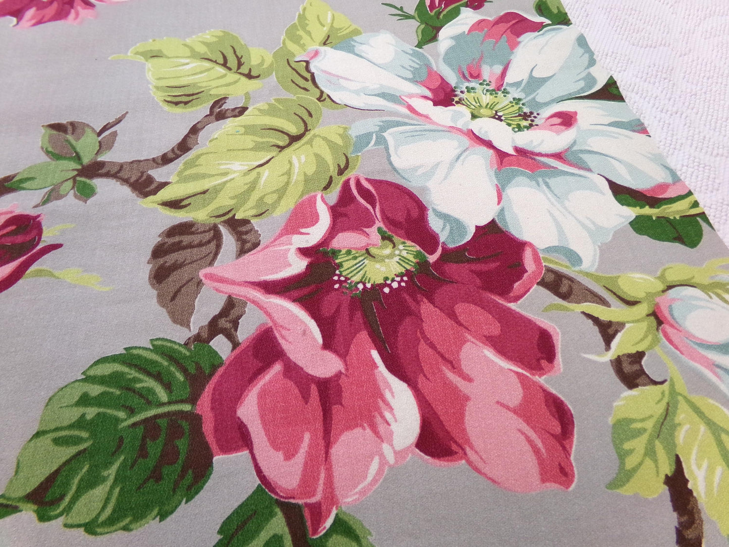 Vintage Barkcloth Fabric 1940s Pink Aqua Magnolia Floral Gray Mid-Century, 21" x 33"