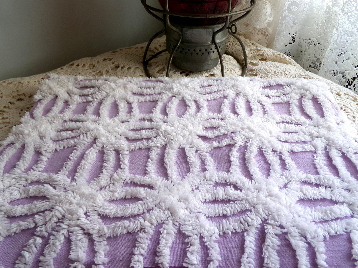 Vintage Lilac Chenille Fabric, White Spider Tufted Pattern, 18" x 24" Piece