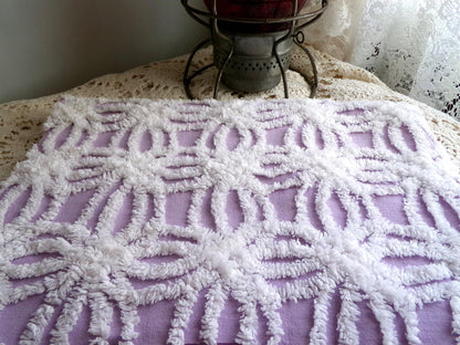 Vintage Lilac Chenille Fabric, White Spider Tufted Pattern, 18" x 24" Piece