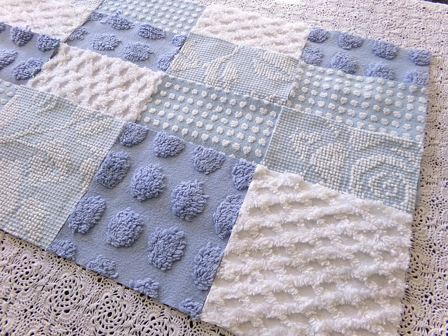 blue chenille fabric squares, set of 16 vintage 6" quilt blocks in coastal blues & white textures