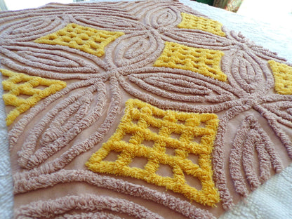 mocha sunrise vintage chenille fabric, diamond waffle tuft wedding ring design, 22" x 26" piece of quilt material for sewing & crafts