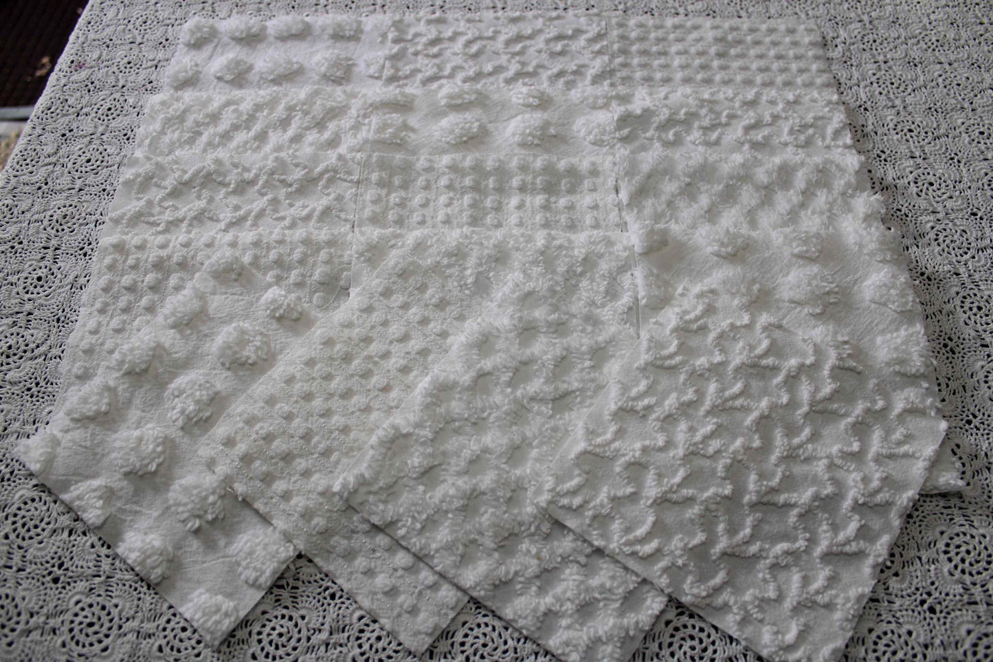 white chenille fabric squares in great textures, coin dots, lattice, mini pop sparkle & squiggles, 16 vintage quilt blocks, 6" x 6" ea