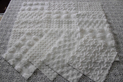 white chenille fabric squares in great textures, coin dots, lattice, mini pop sparkle & squiggles, 16 vintage quilt blocks, 6" x 6" ea