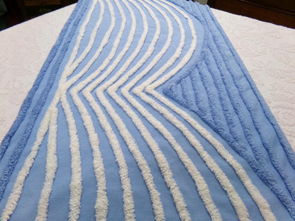 Vintage Chenille Fabric Piece, White Waves on Blue, 18" x 33" Sewing Material