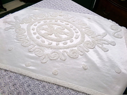 Romantic White Vintage Satin Chenille Bedspread Fabric, Shabby Large Medallion 38x20"