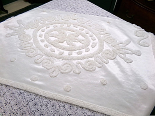 Romantic White Vintage Satin Chenille Bedspread Fabric, Shabby Large Medallion 38x20"