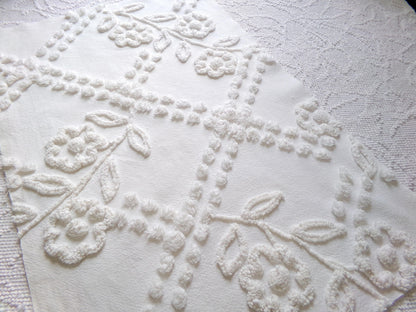 Elegant White Floral Chenille Fabric: Vintage Cottage Style 23" x 15" Cut Piece