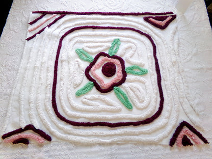Rose Mauve Vintage Chenille Fabric, 19" x 23" Piece of Radiating Swirl White Cotton Sewing Material Upcycle into Pillows, Quilts