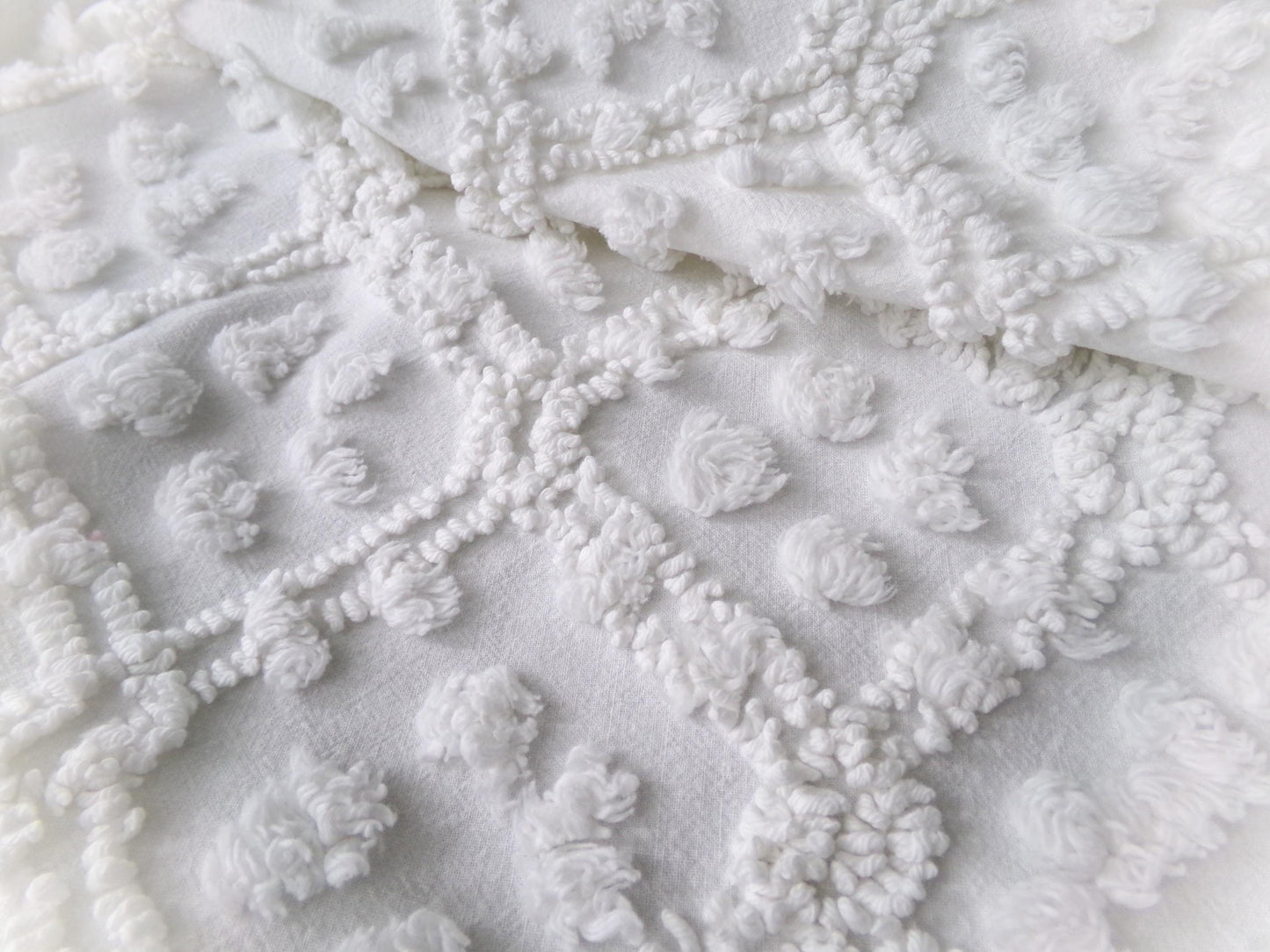 White Vintage Chenille Fabric: Tumbling Block Pops Geometric Design, 20" x 24" Piece Sewing & Quilt Material