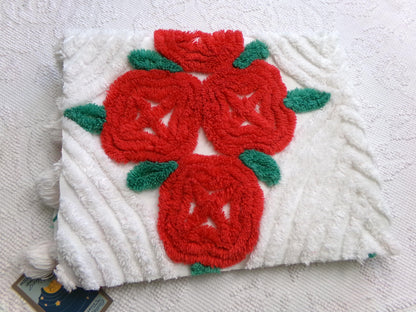 Shabby Cabbage Roses Vintage Chenille Bedspread Fabric, Plush Red Floral 20x24"