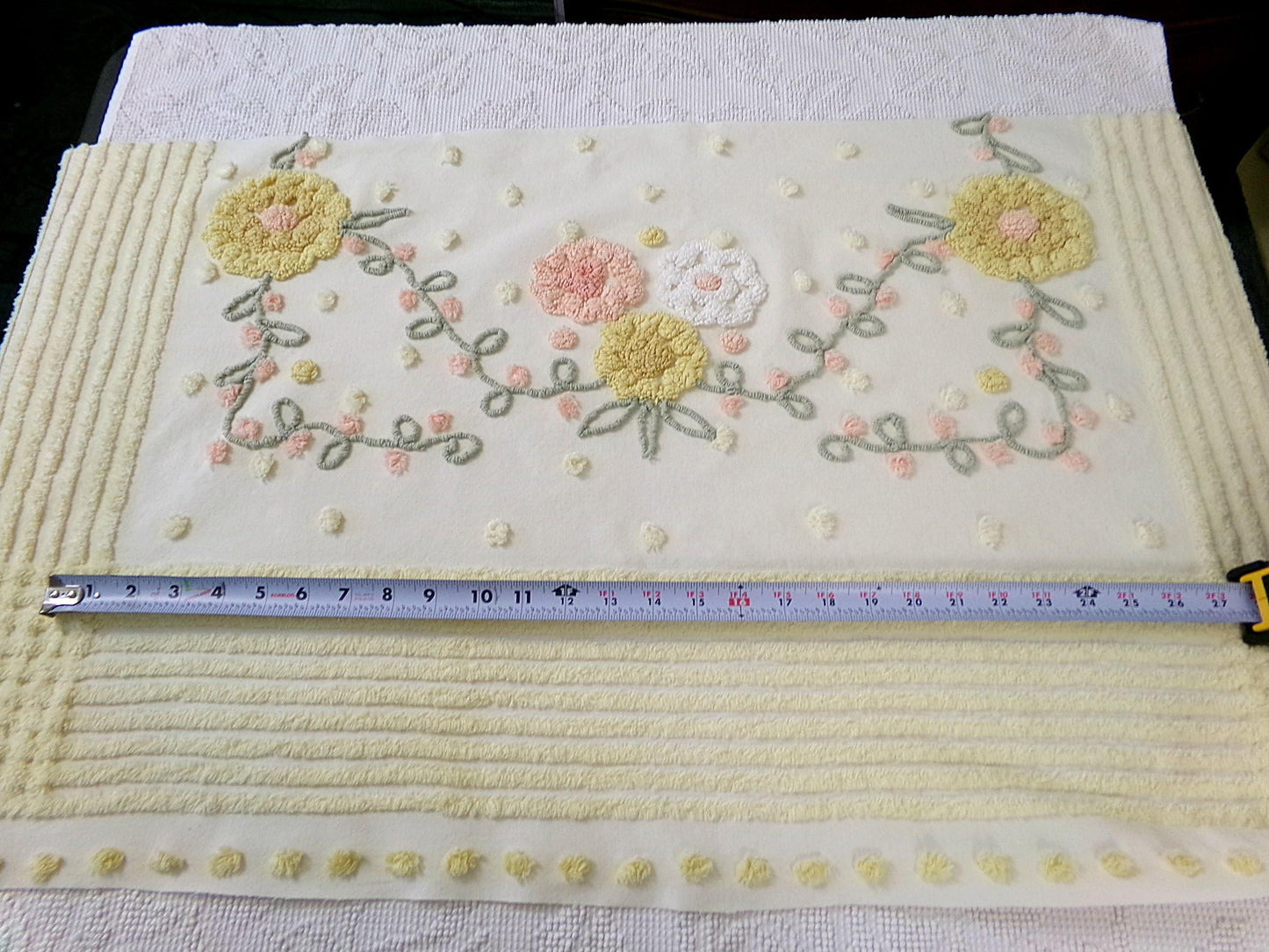 cottage floral vintage chenille fabric, buttercup yellow quilt sewing material, large 20" x 40" piece