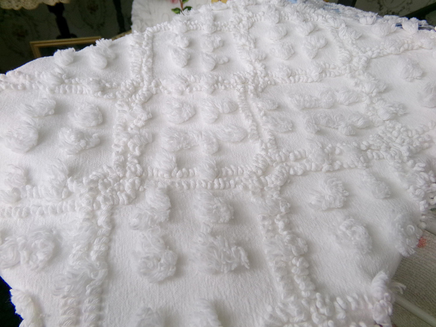 White Vintage Chenille Fabric: Tumbling Block Pops Geometric Design, 20" x 24" Piece Sewing & Quilt Material