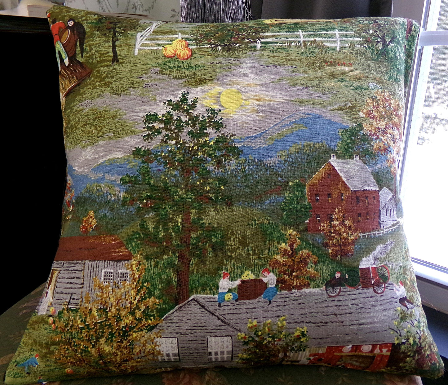 Vintage Barkcloth Pillow Grandma Moses Halloween Folk Art w/ Velvet Back Handmade Americana