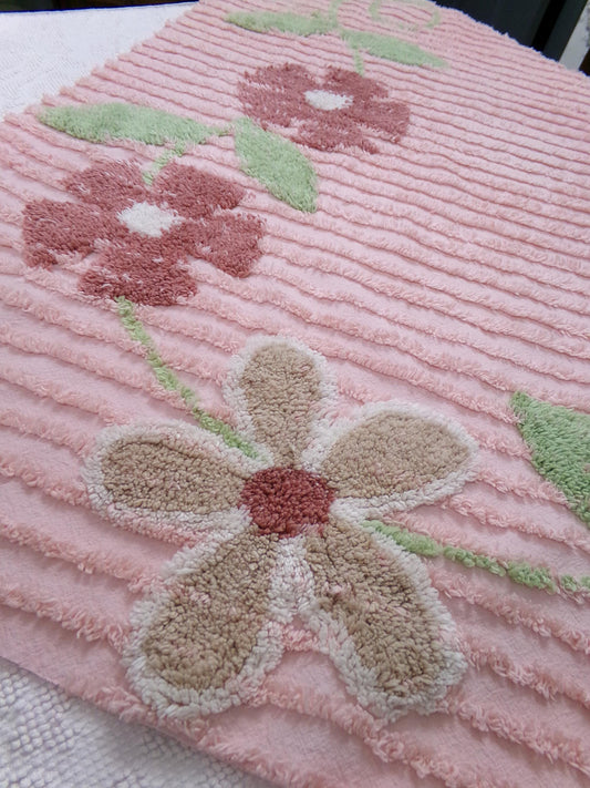 pink vintage chenille bedspread fabric, rambling floral vine sewing craft material 19" x 36"