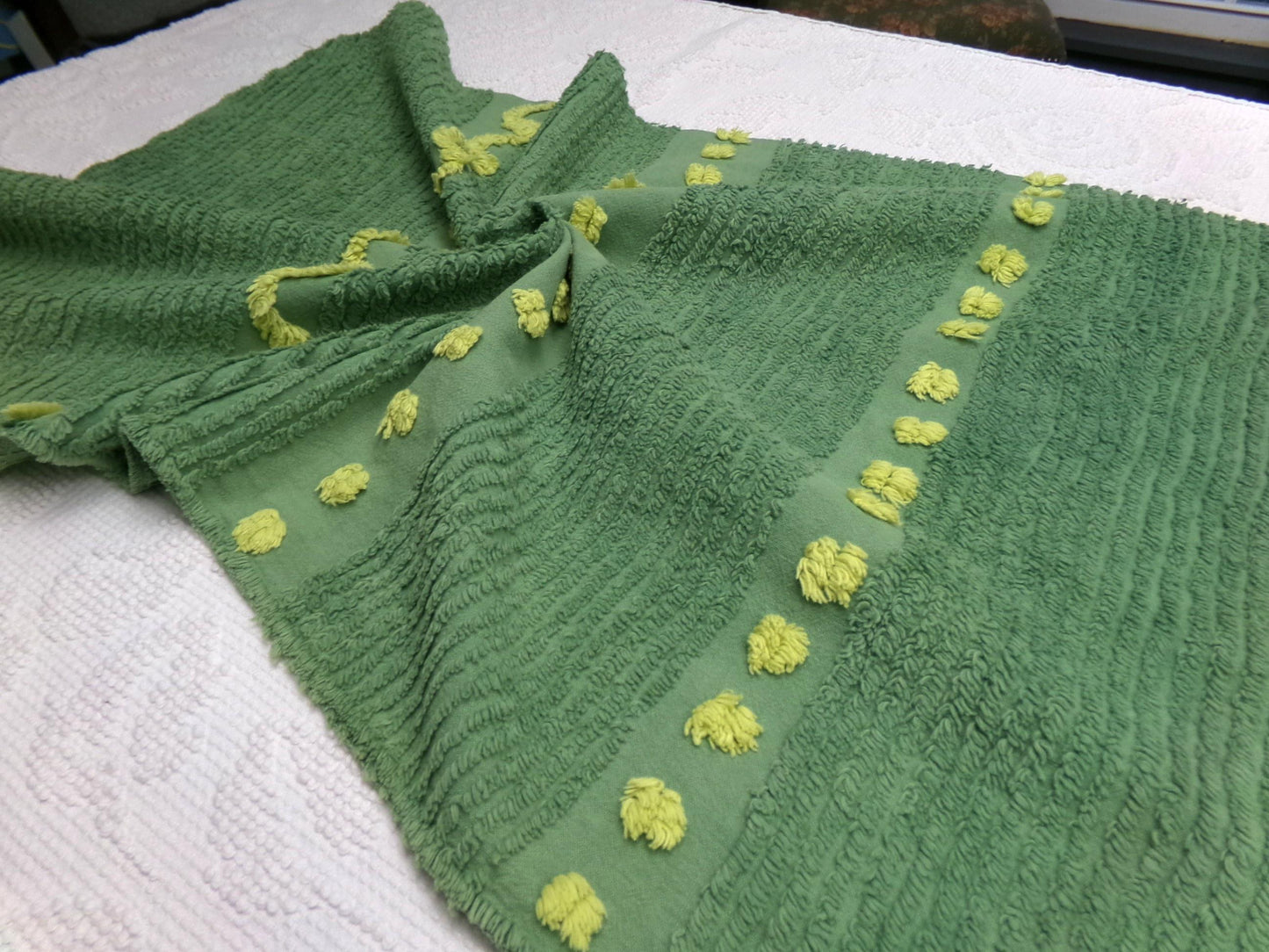 Goblin Green Vintage Chenille Bedspread Fabric Piece | Sewing Quilt Material 17" x 25"