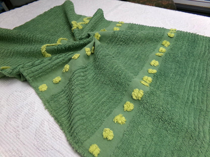 Goblin Green Vintage Chenille Bedspread Fabric Piece | Sewing Quilt Material 17" x 25"