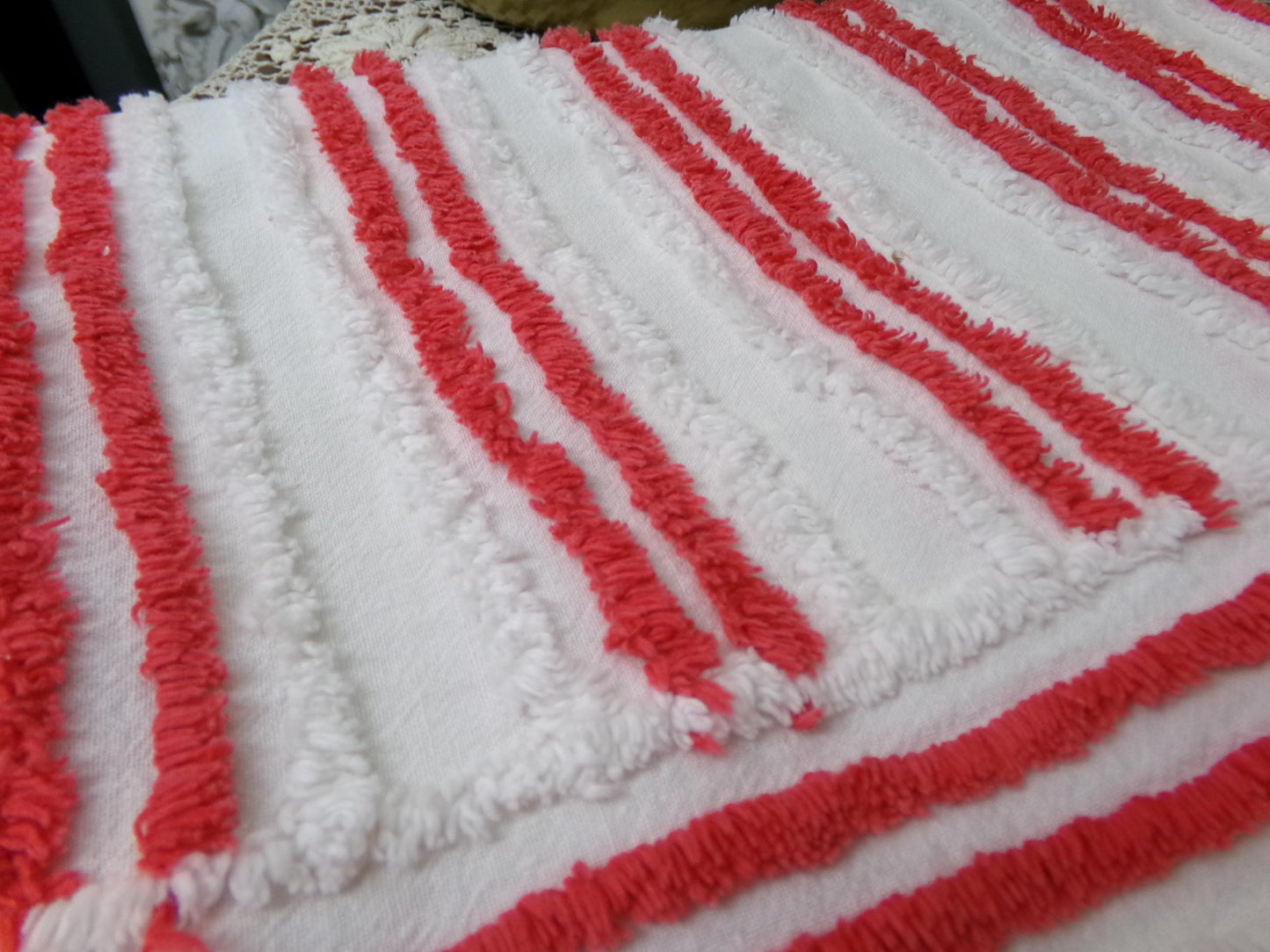 Red & White Striped Chenille Fabric, textured skinny lines craft quilt material, 17" x 27" piece