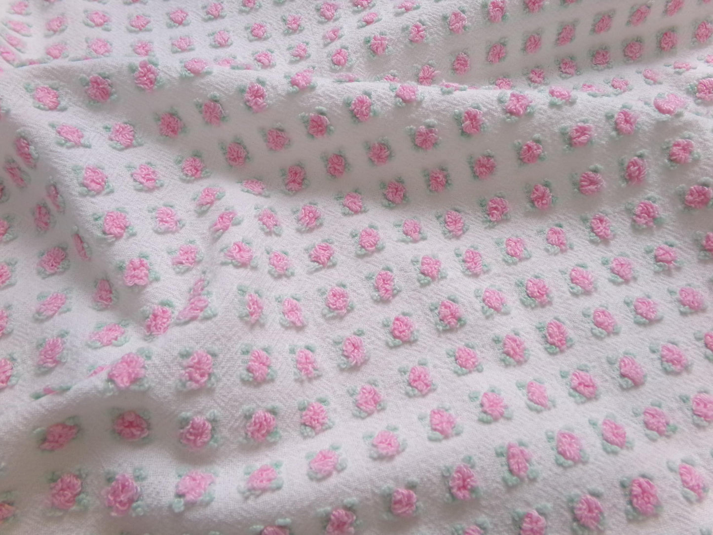 Shabby Tiny Tuft Pink Rosebud Vintage Chenille Fabric, Mini Rose Pattern, 20" x 12"