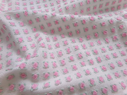 Shabby Tiny Tuft Pink Rosebud Vintage Chenille Fabric, Mini Rose Pattern, 20" x 12"