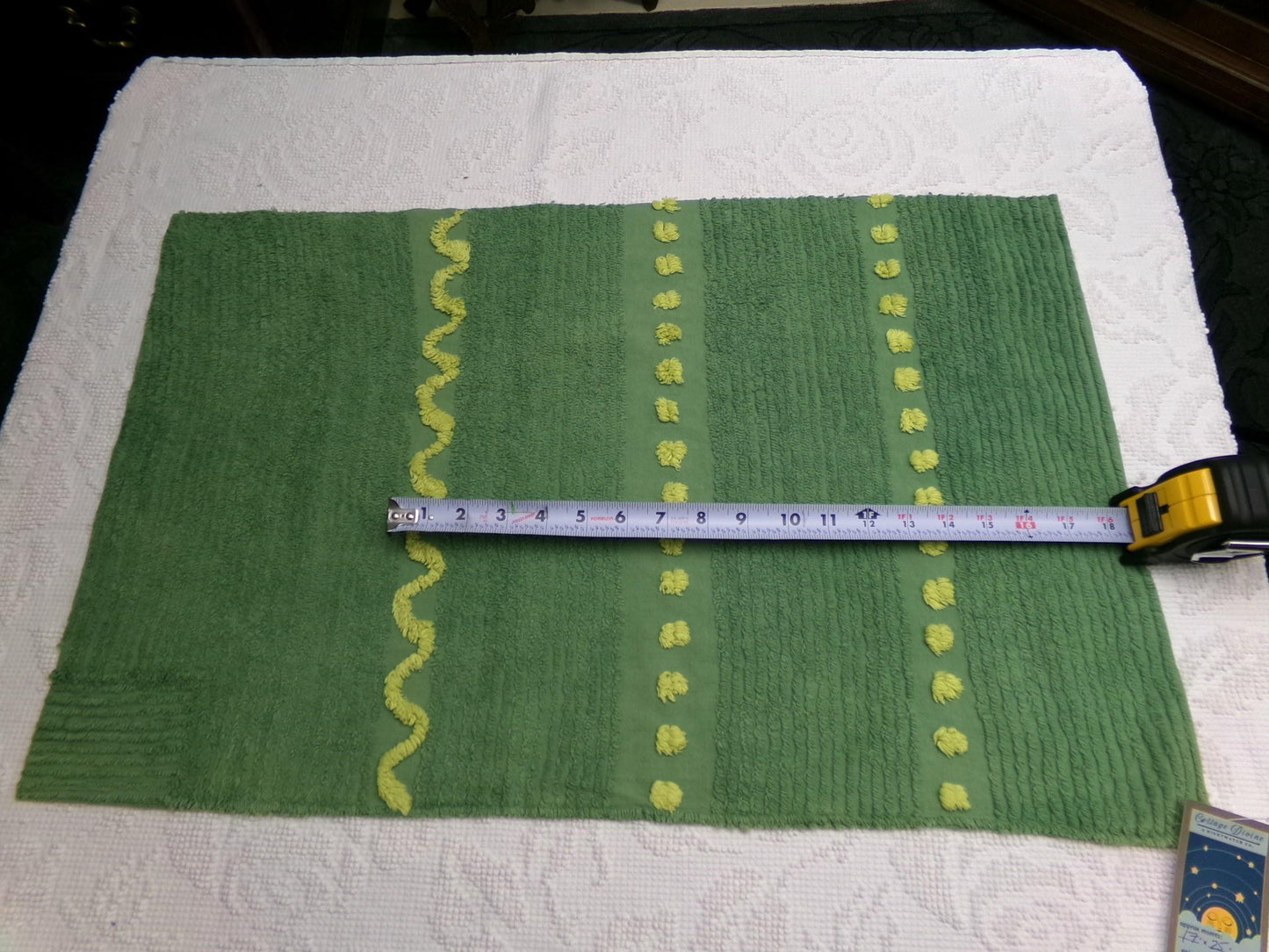 Goblin Green Vintage Chenille Bedspread Fabric Piece | Sewing Quilt Material 17" x 25"