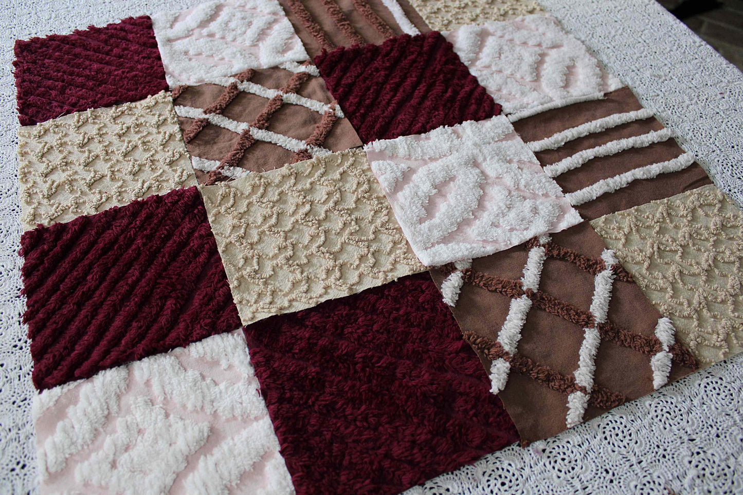 chocolate berry vintage chenille fabric squares, 16 quilt blocks, 6" inches ea, great shades of brown, merlot, mocha, white