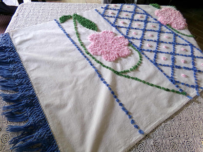 Jumbo Pink Flowers Vintage Chenille Material, 33" x 22" inch Fabric Piece, Blue Diamonds Tufts with Victorian Fringe Edge, Exquisite Design
