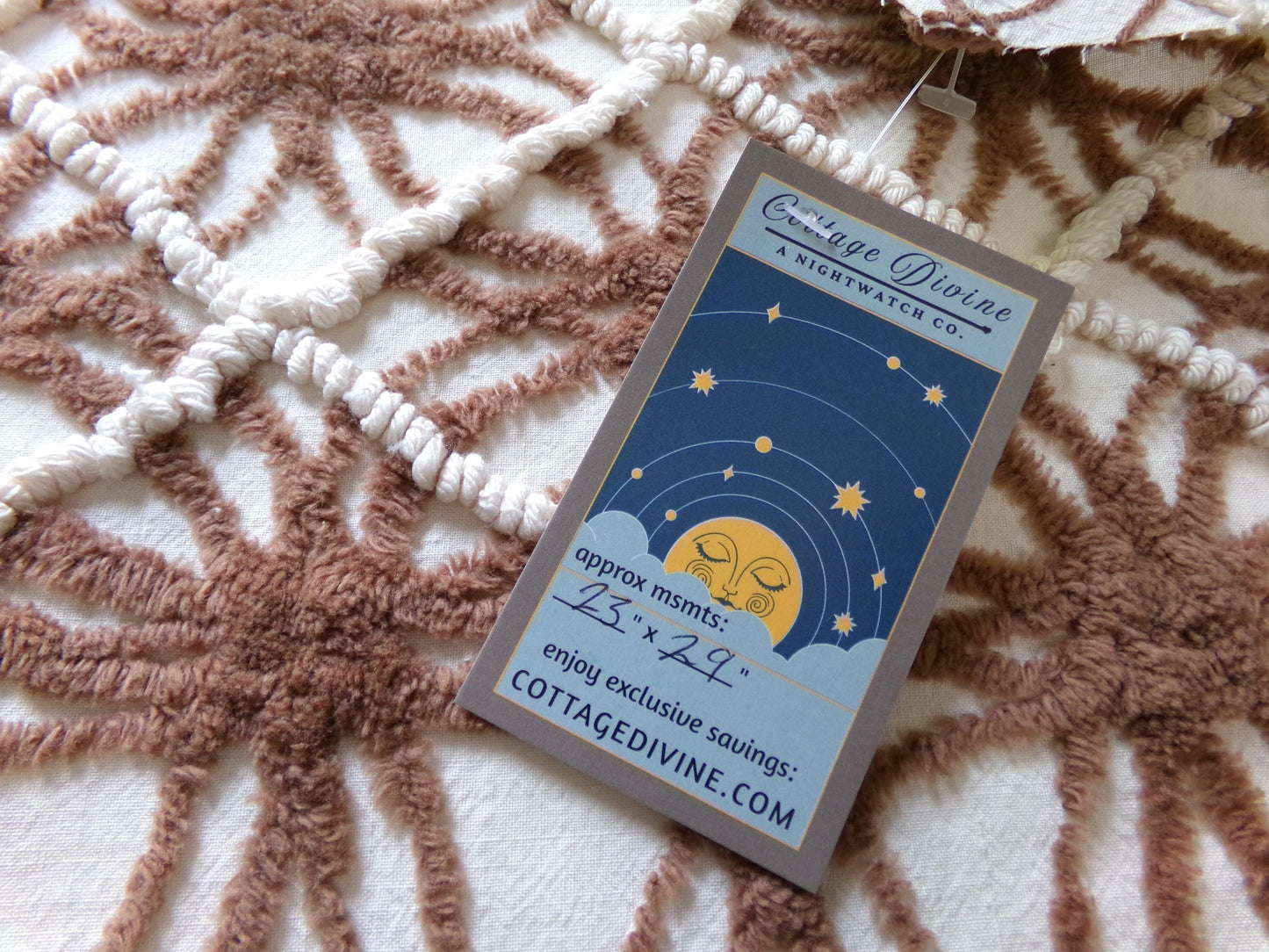 shabby cozy brown vintage chenille fabric, contrast stripe spider tuft design, 23" x 29" piece sewing & quilt material