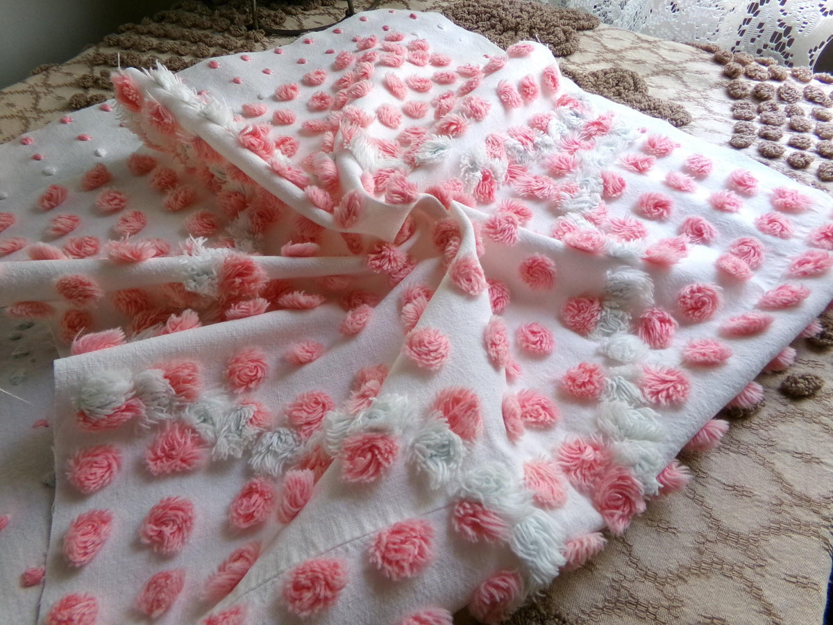 Pink Pops Vintage Chenille Fabric, Floral Antique 15x28" Craft Panel