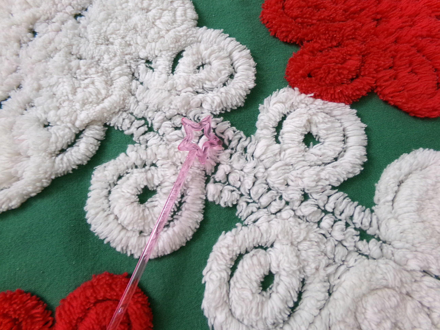 Evergreen Rose Vintage Chenille Fabric, white swirl sewing craft quilt material, 20" x 24" piece