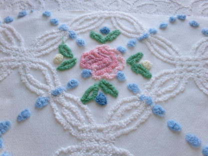 favorite cottage style vintage chenille fabric, pink roses & blue dots, 20" x 27" piece of white sewing material for quilting and crafts