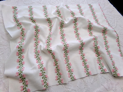 Vintage Rosebud Chenille Fabric, Pink Ivy Rose Design, 18" x 24" Piece of Lightweight Cotton Sewing & Quilting Material