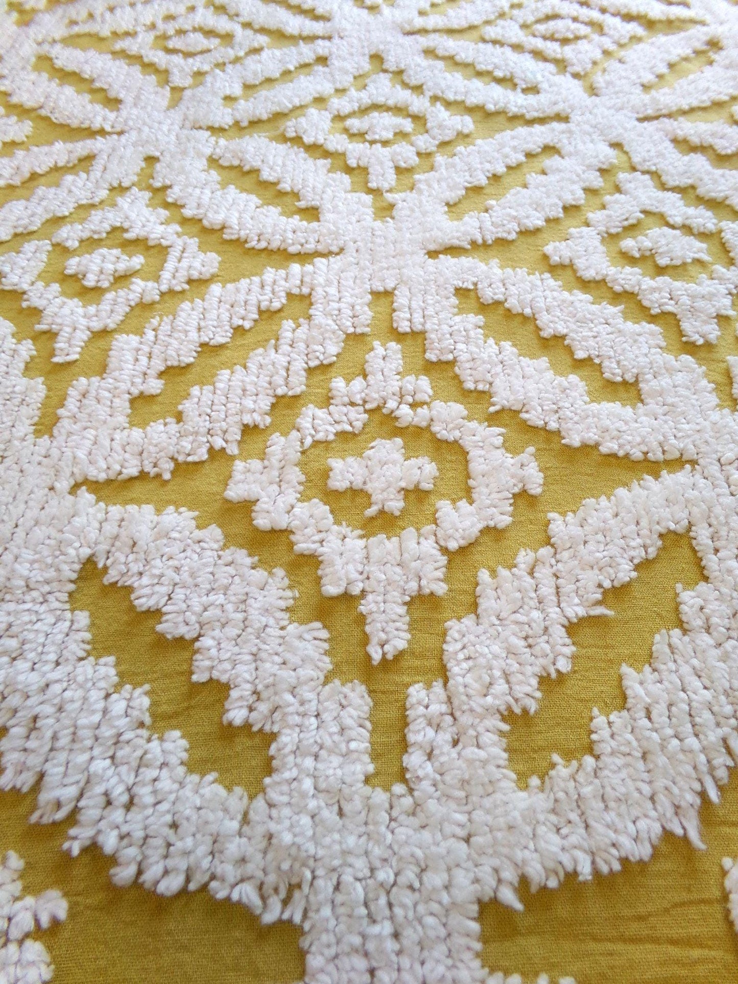 honey harvest gold vintage chenille fabric, retro 18" x 25" cut piece, white geometric tufts, lightweight cotton sewing fabric