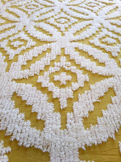 honey harvest gold vintage chenille fabric, retro 18" x 25" cut piece, white geometric tufts, lightweight cotton sewing fabric