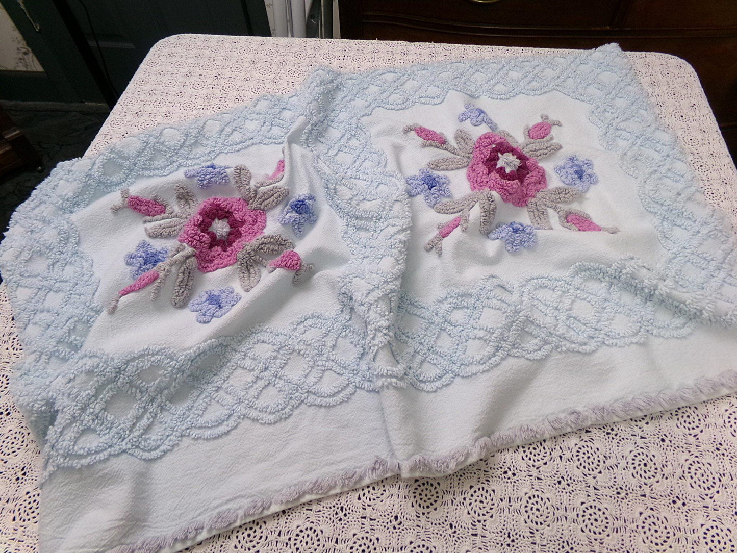 Ice Blue Vintage Chenille Fabric Double Tufted Rose Medallion Floral Lattice 23x36"