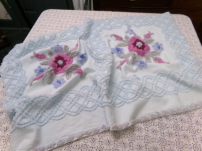 Ice Blue Vintage Chenille Fabric Double Tufted Rose Medallion Floral Lattice 23x36"