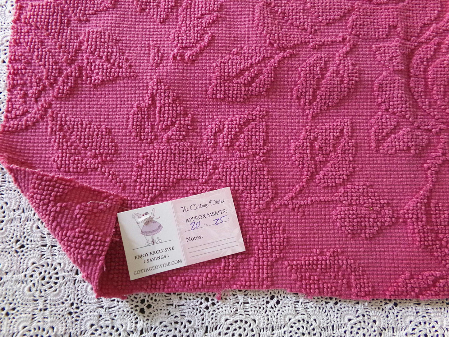 Fuchsia Pink Rose Vintage Woven Chenille Fabric, Reversible Hobnail 20" x 25" Piece Quilt Material